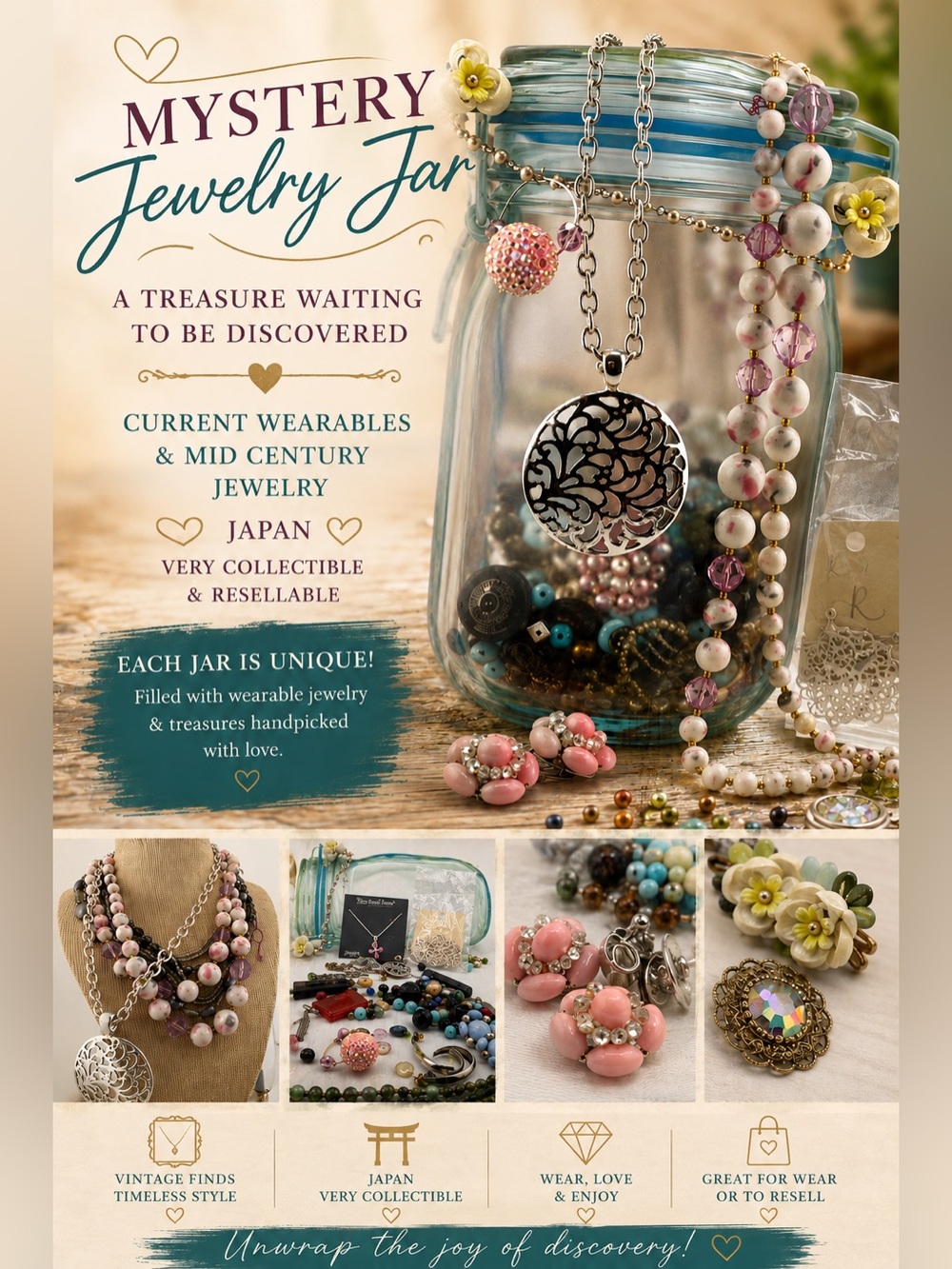 Mystery Jewelry Jar Filled with Wearable Jewelry & Mid Century Earrings Marked